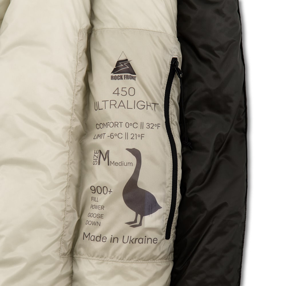 ROCK FRONT 450 Ultralight three season down sleeping bag inside pocket