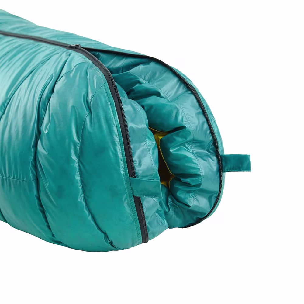 Down sleeping bag ROCK FRONT 1000 3D turquoise with mustard footbox - photo